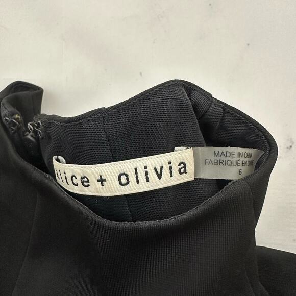 Alice & Olivia Delora Fox Fur Cuff Midi Dress Size 6 Black Gray Wiggle Fitted - Picture 8 of 12